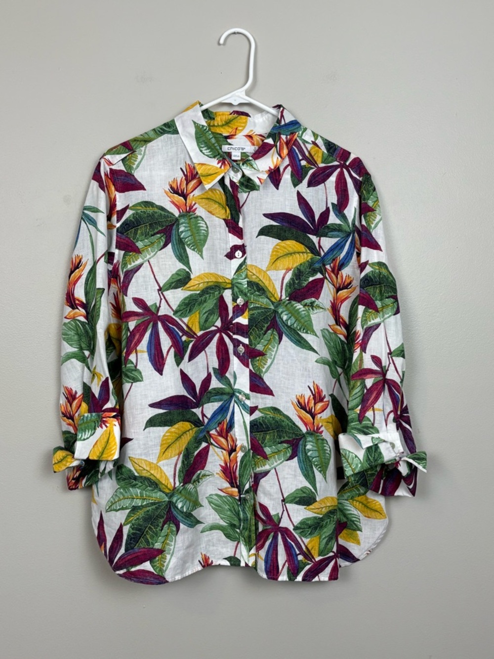 Chicos Top Women 3 US 16 Tropical 100% Linen Floral Mother of Pearl Button Front